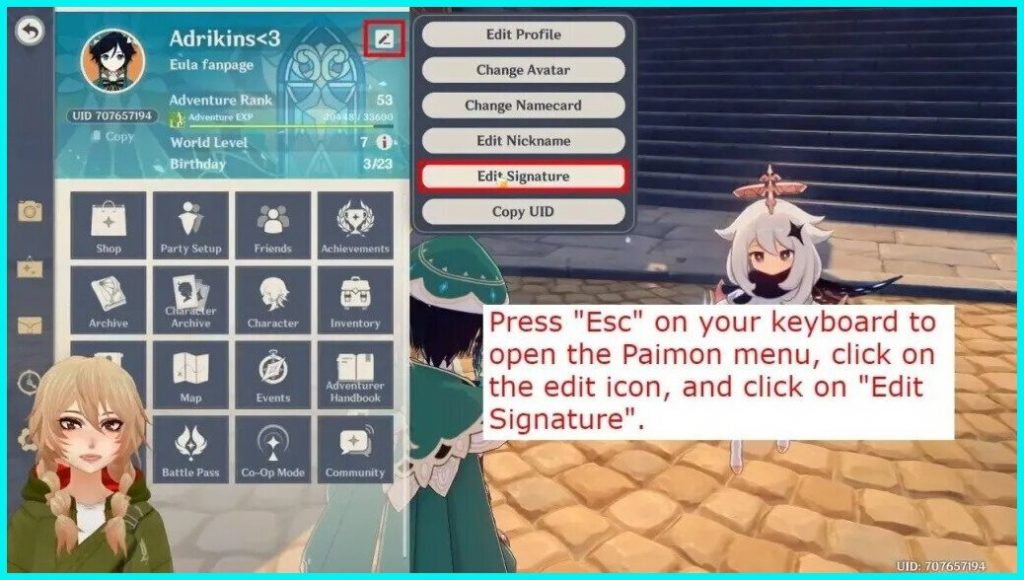 Select "Edit Signature" from the Paimon menu.