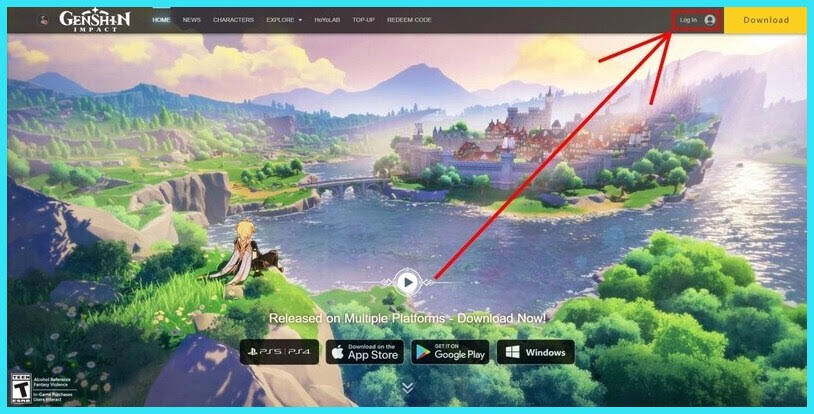 Navigate to the Genshin Impact web site the "Log In" button