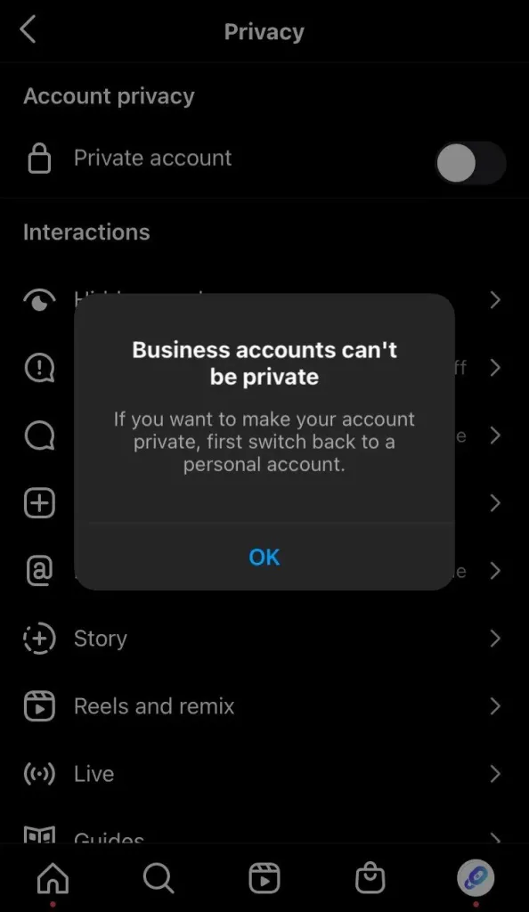 Can an instagram Business account be private