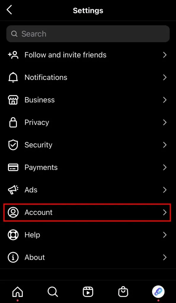 Tap on “Account” for Instagram Business account