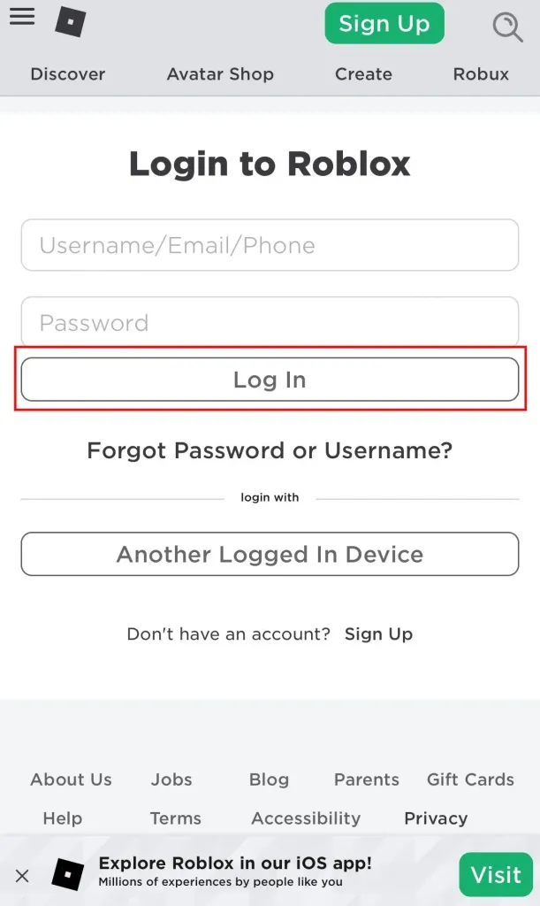 Log in to Roblox