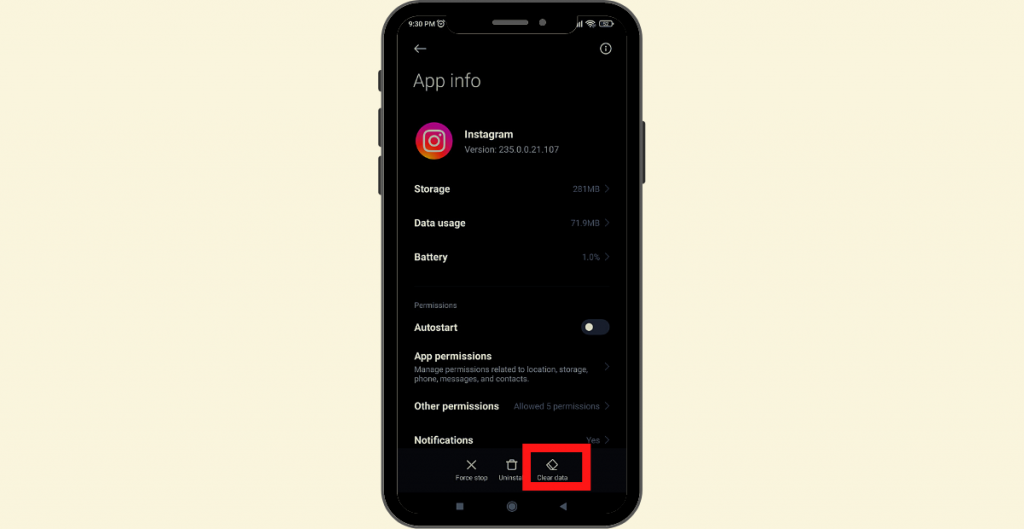 clear data to clear instagram direct message notifications